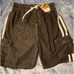 NWT Norty Brand Black Double Stripe Mens Swim Trunks Net Lining Brand New S Sm